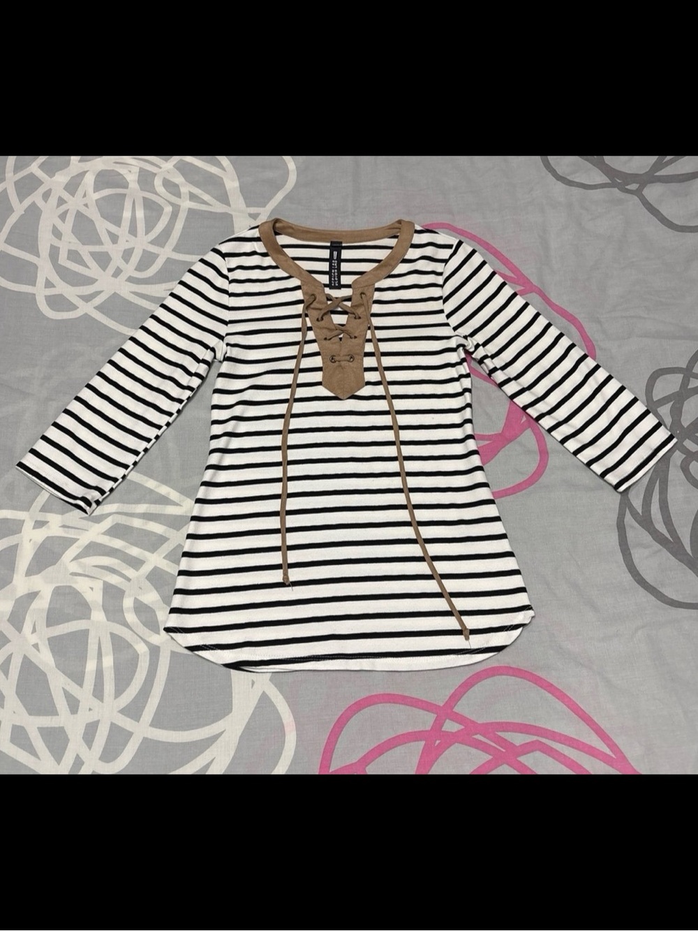 Lord & Taylor Black and White Striped Top With Brown Lace-Up Detail